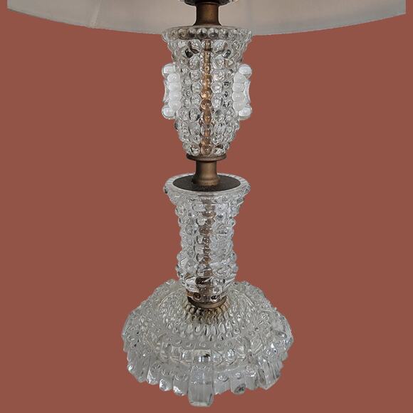 Vintage 1940s Clear Glass Hobnail Column Vanity Lamp with Beige Bell Shade - Picture 3 of 5